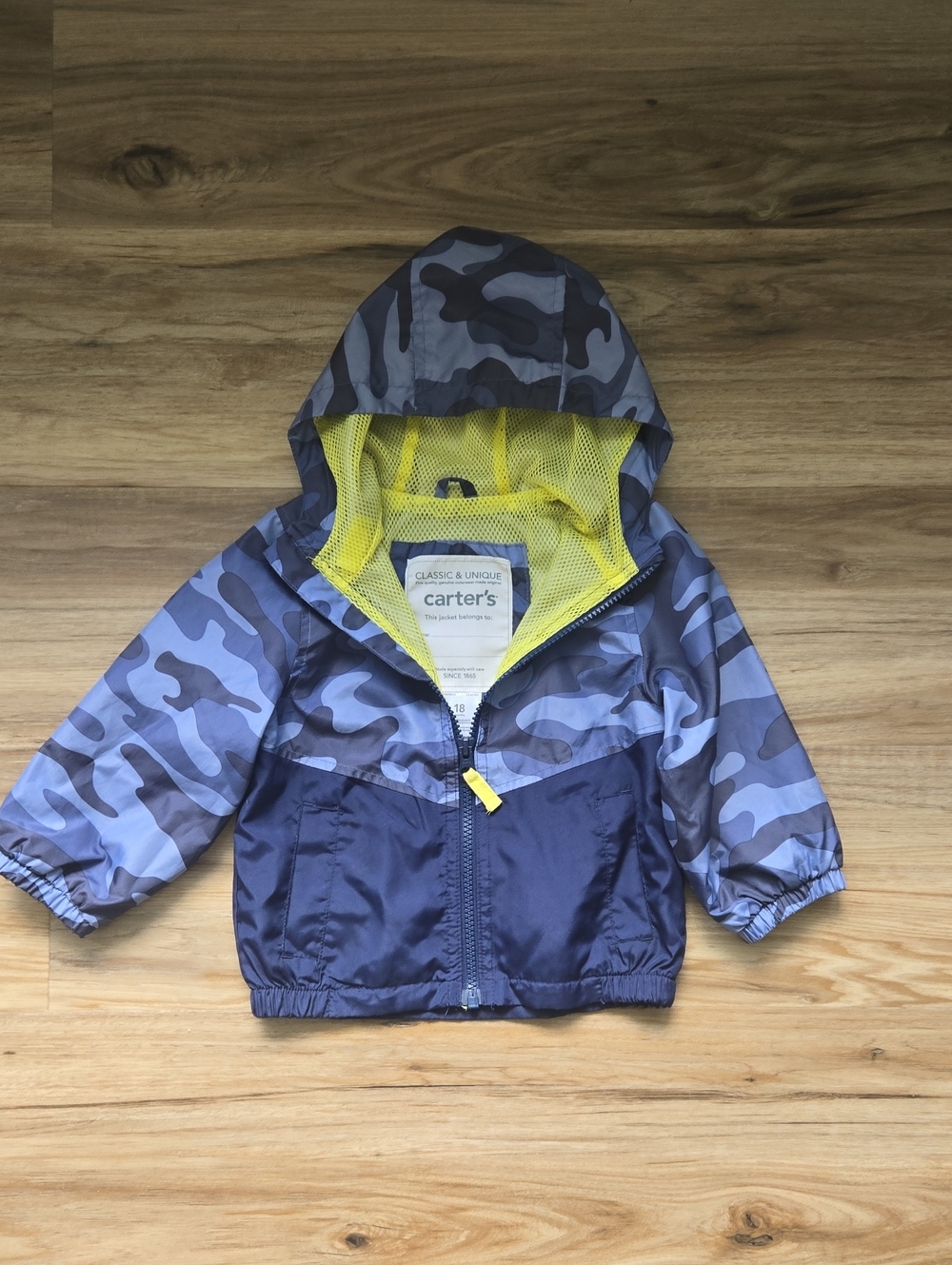 Carter's Blue Camo Hooded Rain Coat with Yellow Lining